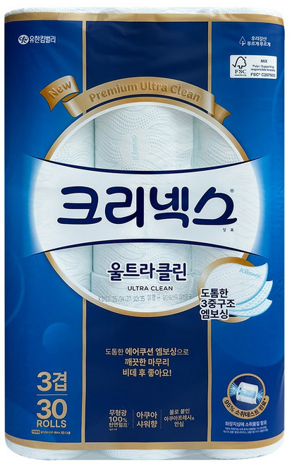 크리넥스 3겹 울트라 클린 롤화장지 천연펄프, 25m, 30개입, 4개