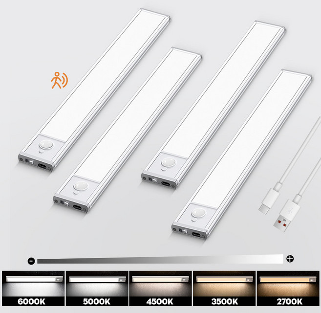 感應櫥櫃燈 USB無線充電式紅外線人體感應燈, 20CM-銀色鋁【650mAh】:5-100%無極調光+五色溫調色