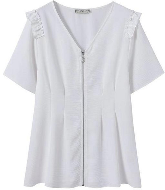 유니픽 여성 여름 폴리에스터 V네크라인 반팔 지퍼 블라우스 레이스 장식 리본조임wbr