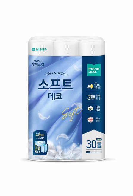 모나리자 부자되는집 프리미엄 천연펄프 고급화장지 3겹 소프트데코, 1개, 30롤, 30m