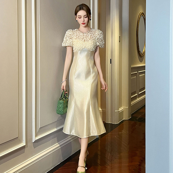 【小香風花瓣袖】連衣裙 禮服裙 魚尾裙 泡泡袖連衣裙 氣質連衣裙 名媛連衣裙 夏季新款 修身顯瘦 宴會派對 日常約會, 杏色