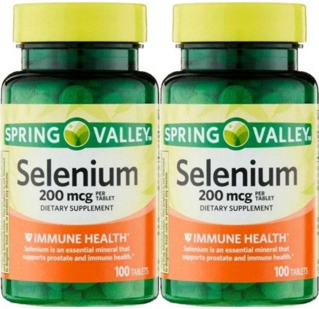 Spring Valley 스프링 밸리 셀레늄 영양 보충제 200mcg 100정 2팩, 알약/캡슐, 2개