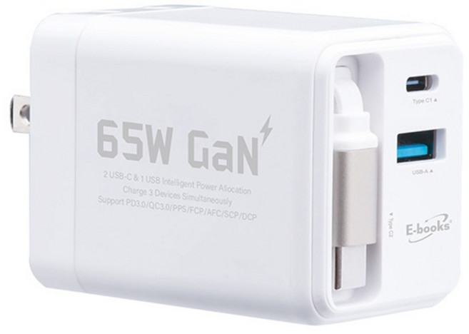 E-BOOKS B121 65W GaN 充電器, 1個, 白色