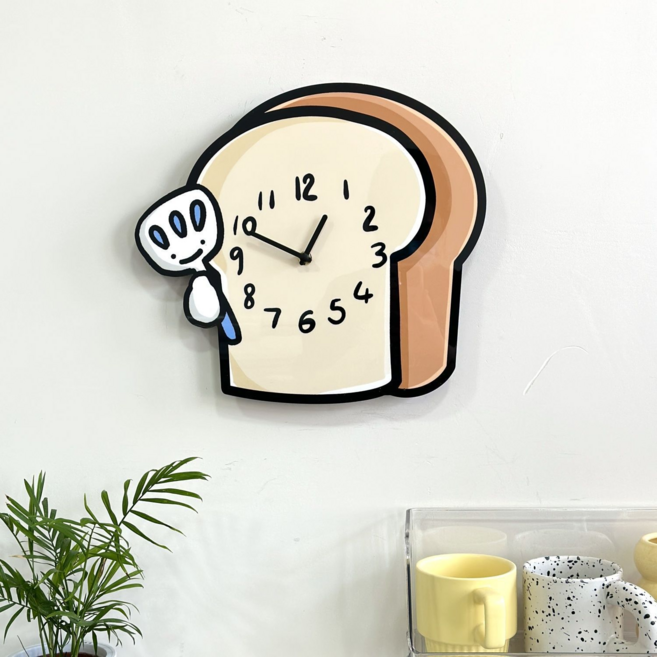 무소음 일러스트 벽시계 캐릭터시계 아이방 거실 카페 인테리어 집들이 선물, Bread