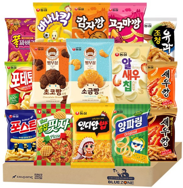 블루존 농심스낵15종 B세트 (감자깡+고구마깡+양파링+새우깡+매운새우깡+인디안밥+꿀꽈배기+조청유과+바나나킥+포스틱+벌집핏자+포테토칩+빵부장소금+빵부장초코+알새우칩), 1개