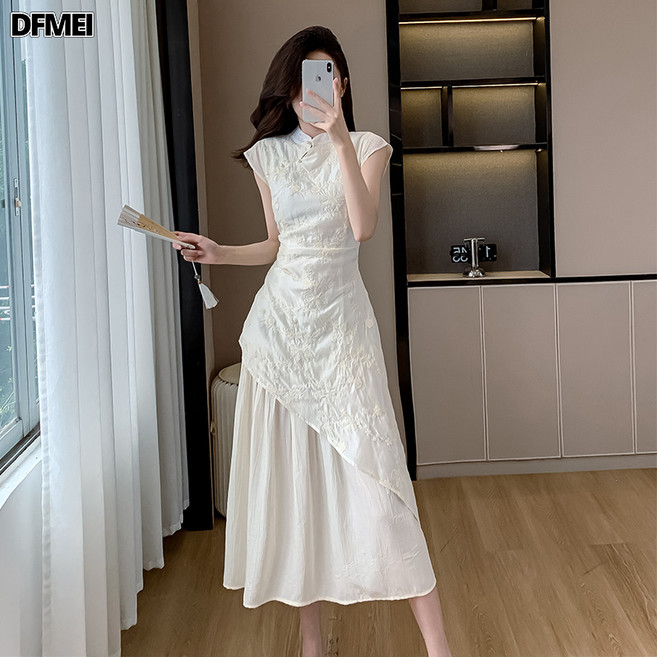 DFMEI 新中式刺繡立領連衣裙女新款收腰不規則中國風改良長裙子8827