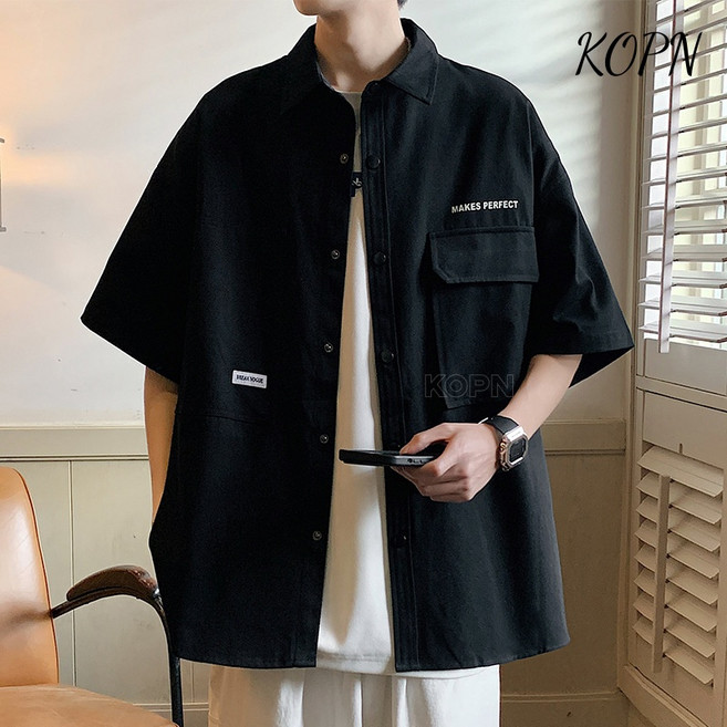 KOPN 작업복 반팔 셔츠 남성 여름 얇은 아이스 트렌디 셔츠 남성 여름 캐주얼 와이드 셔츠 외투
