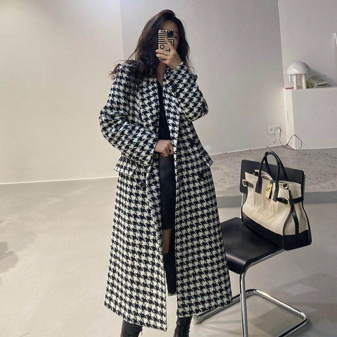 뉴욕멋쟁이 레시 클래식 하운드투스체크 롱코트