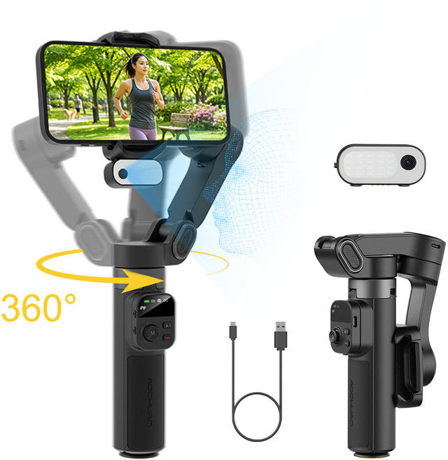 AOCHUAN SMART X3 360회전 스마트폰 짐벌 삼축 안정기 AI 자동 추적 안티셰이크 블루투스 셀카봉 삼각대 겸용 접이식 Vlog 유튜브 촬영용, 1개, 검은색