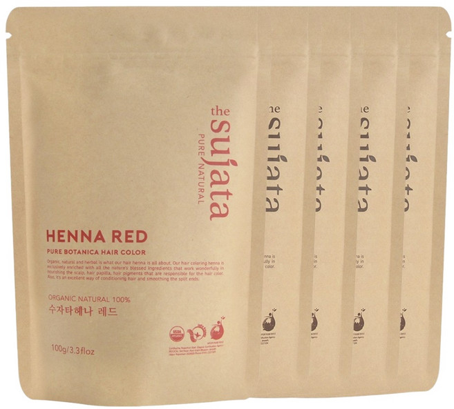 수자타 5개 유기농 천연100% 헤나 가루 염색약, 레드1+브라운4, 1개