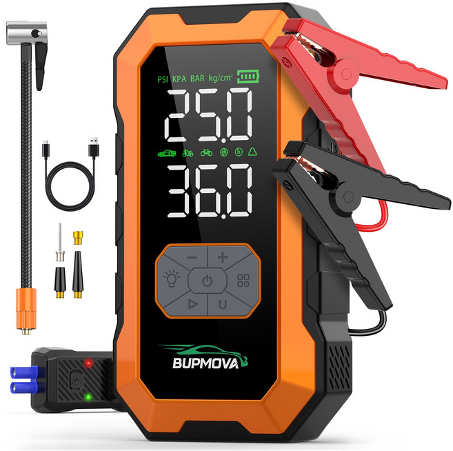 BUPMOVA 4000A 자동차 올인원 점프스타터 에어펌프 대용량 보조배터리 스마트 점프케이블 12V 긴급 시동 점프스타터, 1개, 12400mAh