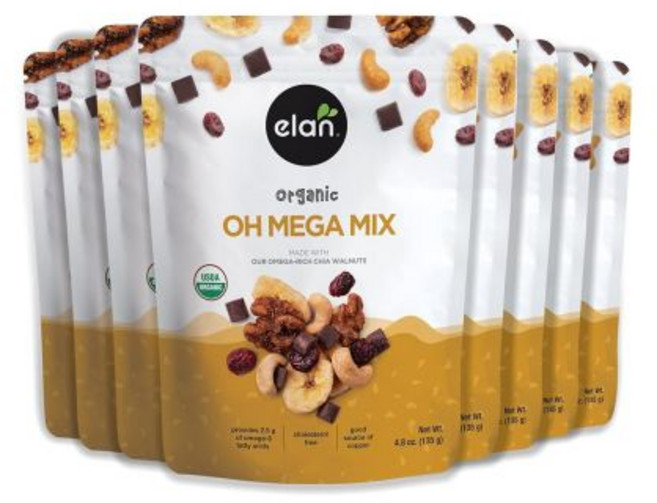 Elan 과자 칩 엘란 오가닉 오 메가 믹스 4.8온스 비건 다크 초콜릿 말린 과일크랜베리 바나나 견과류치아 호두 구운 캐슈넛 비변형 글루텐 프리 죄책감 없는 스낵, 4.8 온스 / 8개 묶음, 130g, 1개