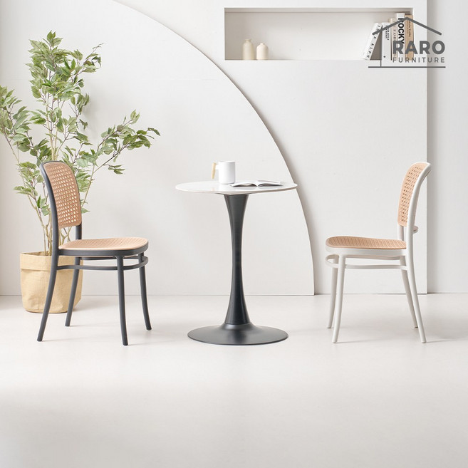 라로퍼니처 엘쉬 600 유광 원형 포세린 통 세라믹 티 테이블 식탁 세트(식탁+의자2), 블랙 테이블+블랙 의자 2개