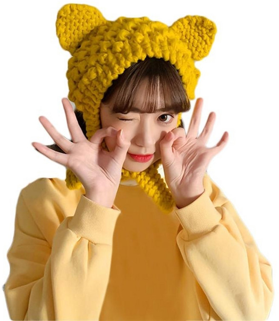 고양이 귀와 잘 어울리는 한국 여성 가을 귀여운 니트 스컬리 비니 모자 밝은 단색 청키 크로셰 하라주쿠 야외 방풍 이어플랩 캡 사진 소품