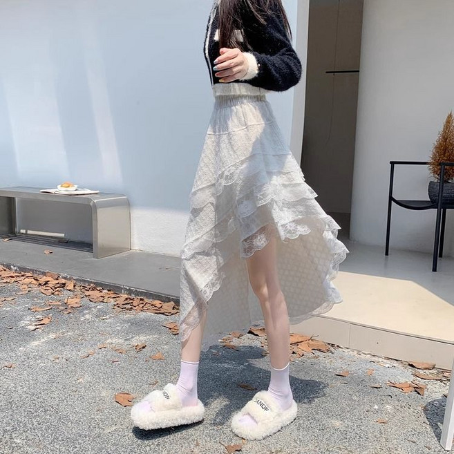 不規則白色蕾絲半身裙女春秋新款高腰顯瘦蛋糕裙