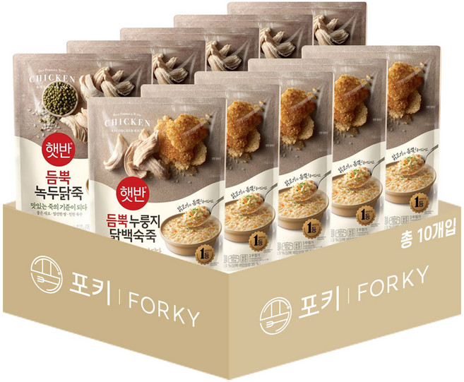 듬뿍 파우치죽 10개 혼합세트 (듬뿍녹두닭죽+듬뿍누룽지닭백숙죽 각 5개), 1세트