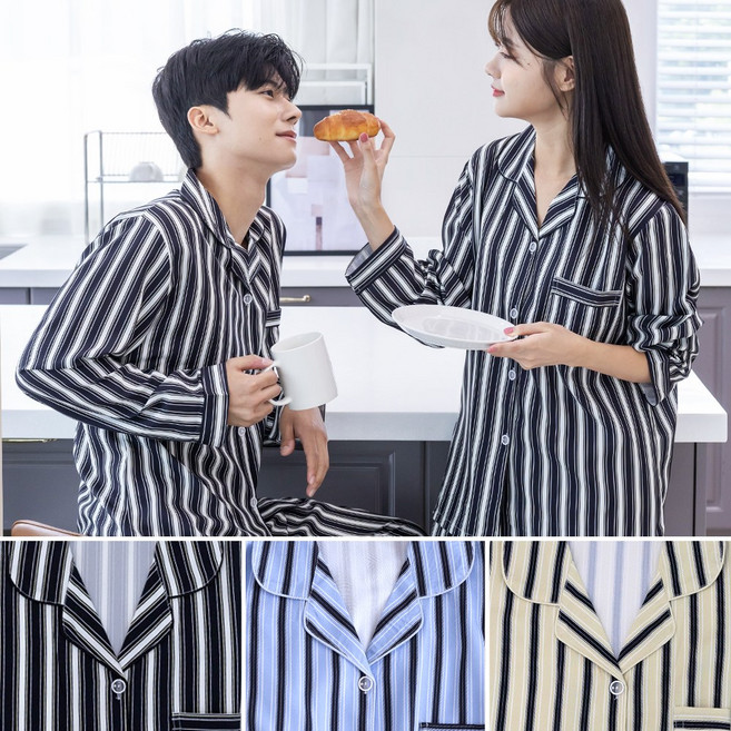 민트코코아 커플 스트라이프 부드러운 카라 긴팔세트