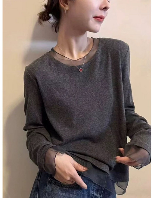 스타일 키 SK2598 여성용 메쉬 레이어드 라운드넥 긴팔 시스루 반카라 티셔츠