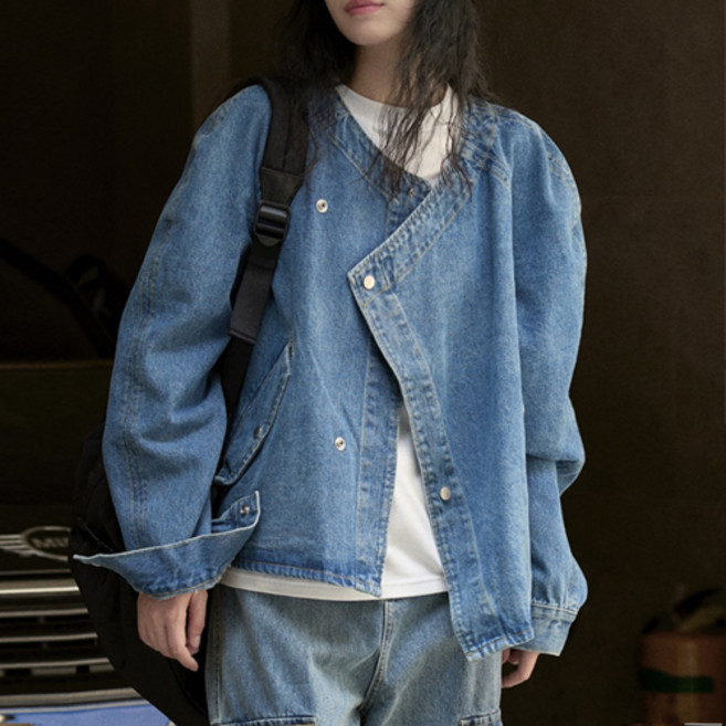 퀸앤조이여성 봄가을 데님 카라넥 트윙클미 노카라 수술 짧은 자켓****** 빅사이즈 데일리 캐주얼