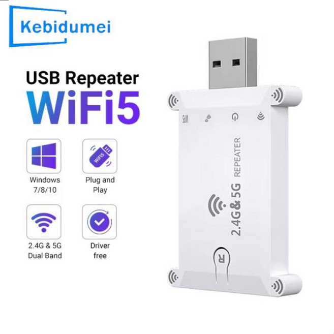 무선 와이파이 부스터 증폭기 확장기 1200M 무선 신호 2.4G/5G 듀얼 밴드 Wifi 리피터 네트워크 카드 가정용 USB WiFi 범위 어댑터, EU 플러그, 1개