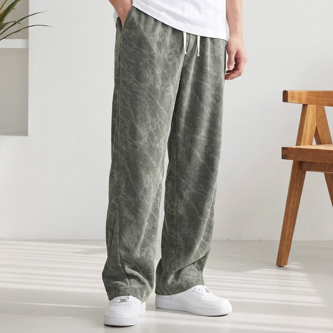 루크 봄여름 와이드 밴딩 타이다이 패턴 트레이닝 팬츠 남성 힙한 스트릿 패션 나염 바지 편안한 허리 조절 스트랩 하의