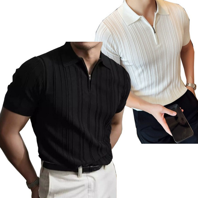 남자 반팔니트 집업스타일 반팔스웨터 골지카라티 스판원단 슬림 머슬핏