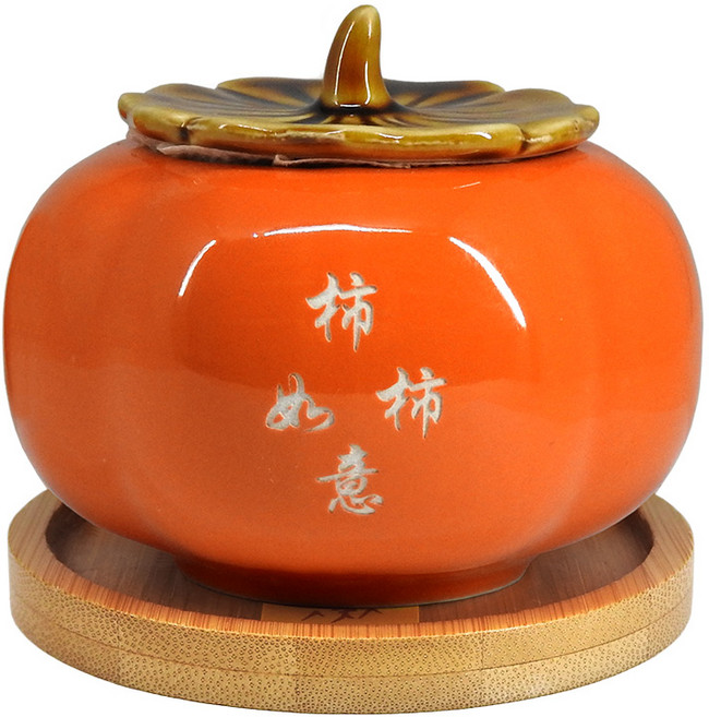 168開運坊 陶瓷柿子聚寶盆 辦公室招財擺件 孟宗竹底座, 五色水晶 (綠色, 粉色, 金色, 白色, 黑色), 橘色, 1套