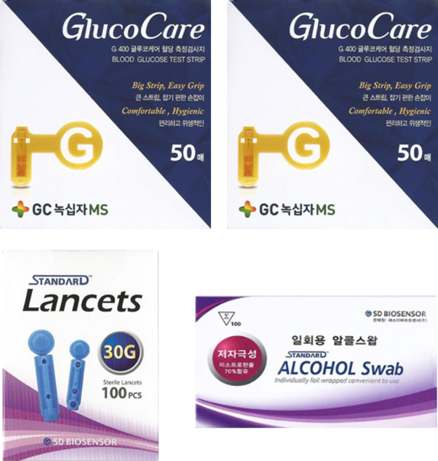 <글루코케어 / GlucoCare> GC녹십자MS 글루코케어 혈당시험지 혈당측정검사지 100매+채혈침100개+알콜솜100매 SW, 1개