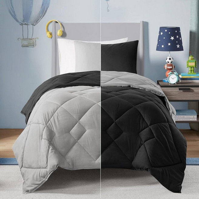 Comfort Spaces Vixie 양면 거위 털 얼터너티브 이불 미니 세트, 블랙/그레이