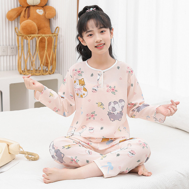 DFMEI 棉綢睡衣男童套裝夏季兒童女童長袖家居服空調服寶寶夏童裝服裝