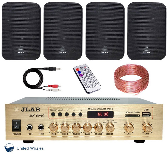 JLAB 블루투스 매장용 카페 매장 앰프 스피커 MK-60AG 4인치 블랙 4통 벽걸이 스피커 투명케이블 RCA 선