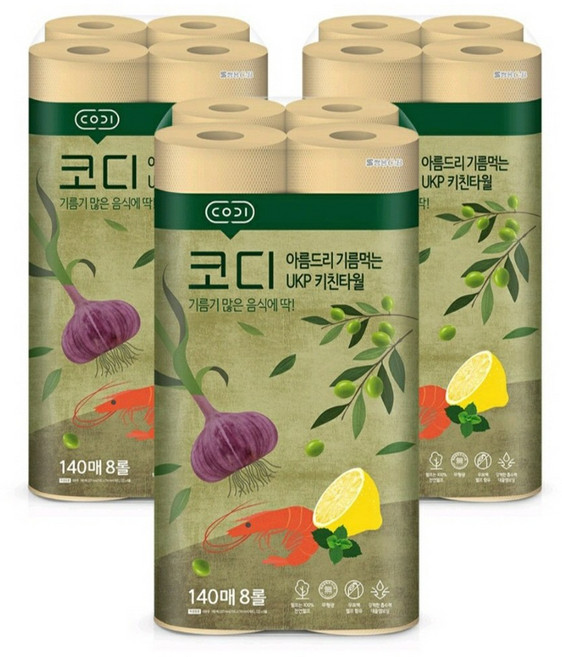 코디 아름드리 기름먹는 UKP 천연펄프 키친타올, 140매, 24개