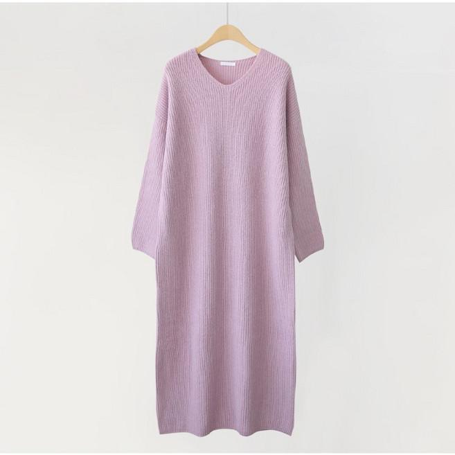 제니트 여성 루즈핏 브이넥 데일리룩 베이직 골지 니트 롱 원피스 하야골지롱