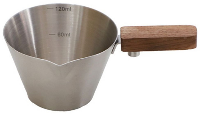 카페마스터 감성 스텐304 우드핸들 샷잔 120ml 홈카페 에스프레소 계량컵 샷글라스 투샷 나무손잡이 우드손잡이, 1개, 실버
