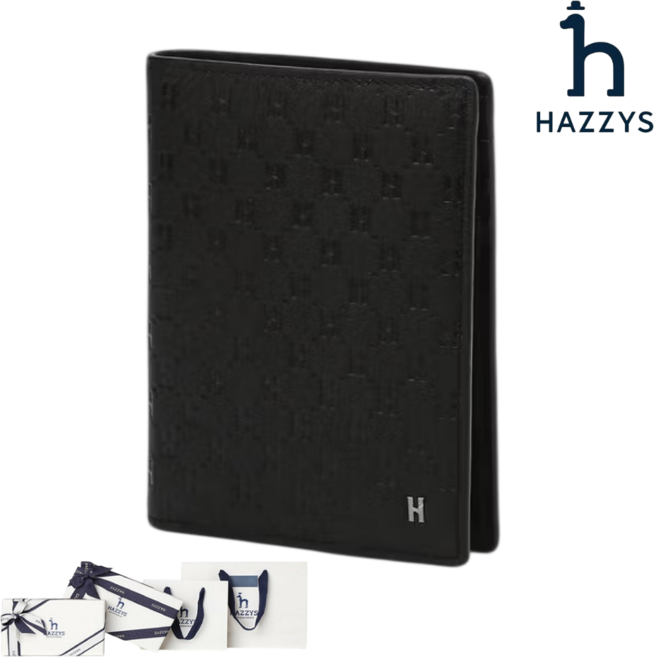 백화점발송 헤지스 남성 블랙 로고패턴 소가죽 중지갑