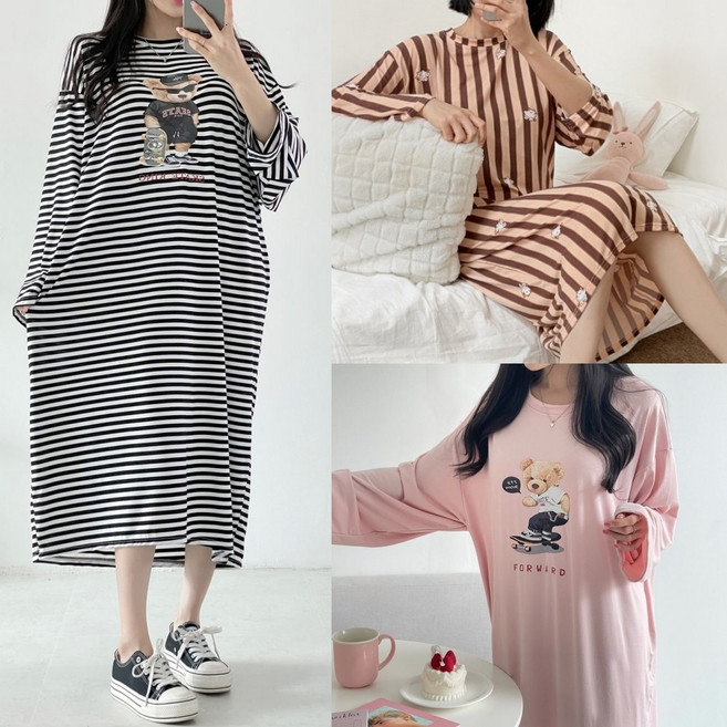스타일오늘 피치스판 긴팔 롱 원피스 오버핏 홈웨어 실내복 잠옷 마실룩