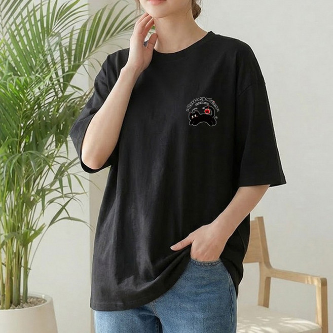 1장 (3장세트 장당7900) 스타일아유 순면100% 여성 오버핏 고양이 프린팅 반팔티 레터링 가성비 좋은 루즈핏 편안한 빅사이즈 면티 롱티셔츠 TS3957