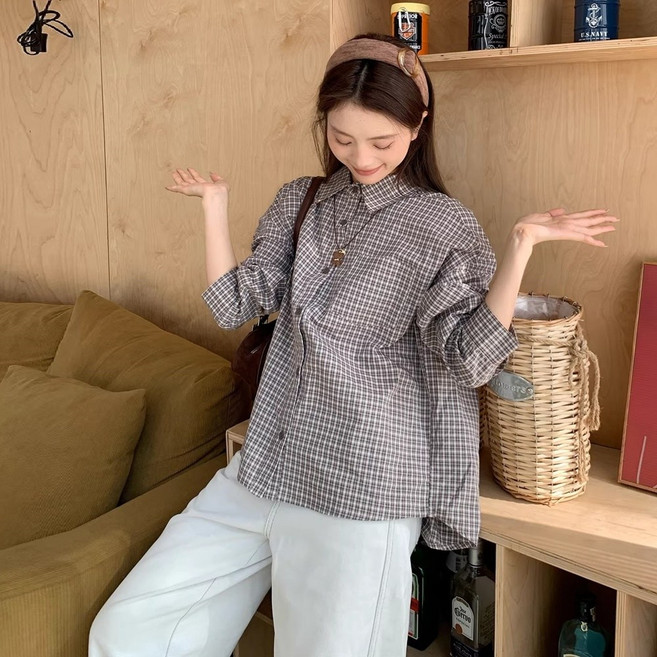 【梨卡】隔日到貨 女裝 襯衫 薄外套 上衣 長袖 格紋襯衫 寬鬆襯衫 休閒外套 夏天外套 復古 HZ022