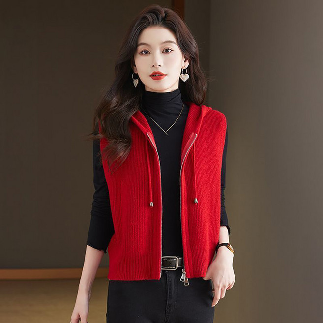 ROYALBELLE 여성 봄 가을 후드 디자인 지퍼 니트 조끼 나시 카디건 박시 쇼트 코트 E0122308