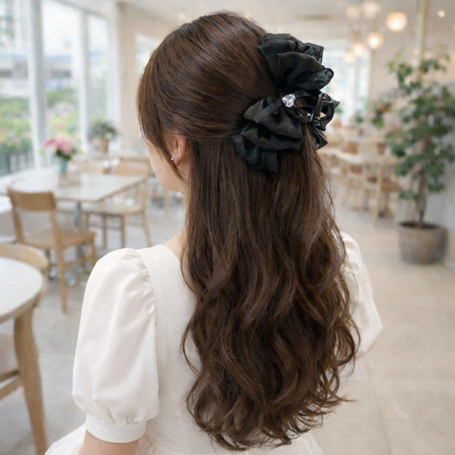 메이조아 안개꽃 올림머리집게핀 쉬폰 헤어핀 왕리본