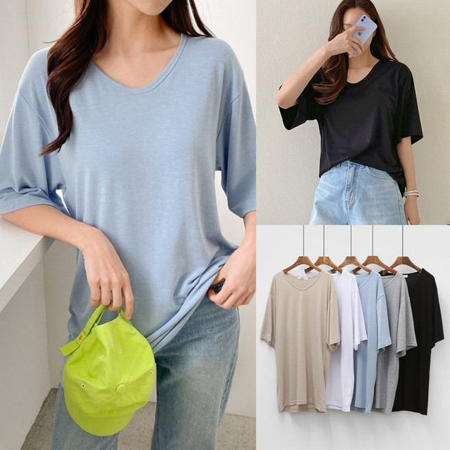 여성 오버핏 유브이넥 라인 반팔 티셔츠 레이온 스판 데일리 베이직티