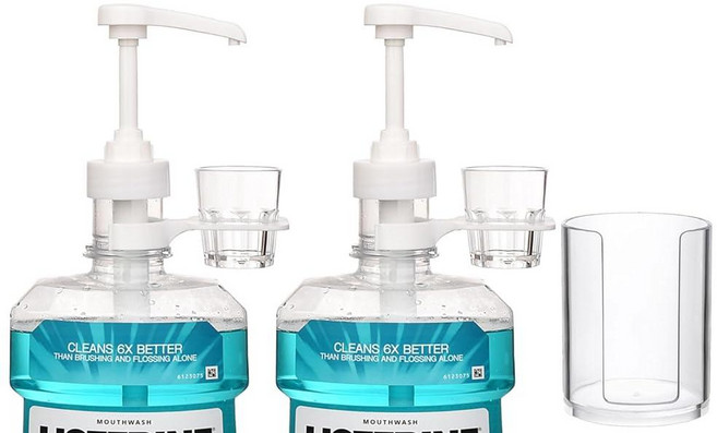 리스테린 1 또는 1.5리터 구강 세정제 병용 디스펜서 펌프 컵 홀더 재사용 가능한 컵 및 투명 플라스틱 종이컵 디스펜서 포함 - 토탈 케어 오리지널 무알코올 쿨 민트