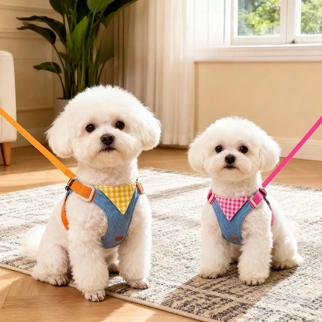 BUNNY PET 강아지 데님체크 하네스, 1개, 체크옐로우