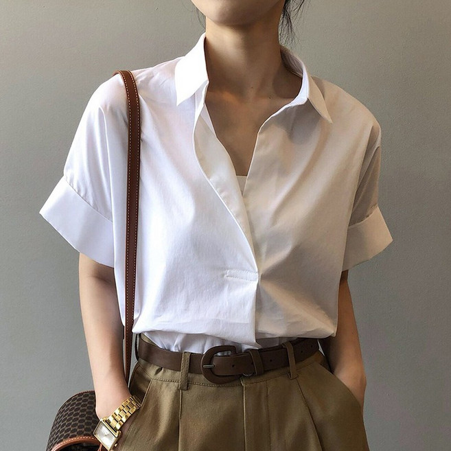 POMTOR 여성 여름 셔츠 루즈핏 오피스룩 반팔 블라우스