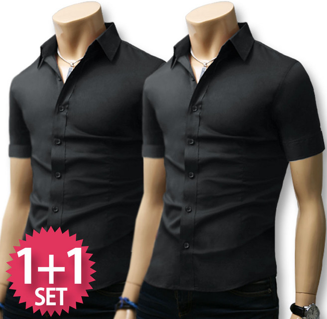 블루포스 남성 페블리 스판 반팔 남방 1+1 세트 [2장 묶음] 무지 솔리드 남자 정장 와이셔츠