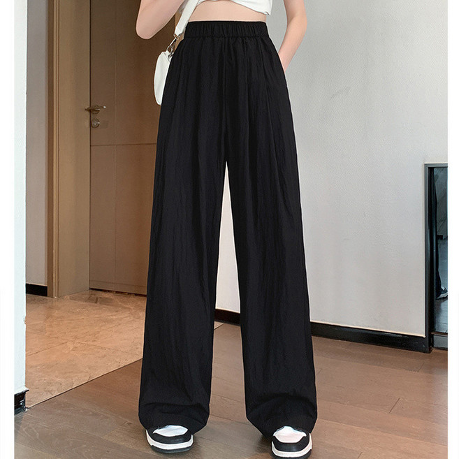 HAO 大尺碼冰絲涼感闊腿褲女 夏新款 高腰垂感寬鬆顯瘦慵懶直筒休閒褲