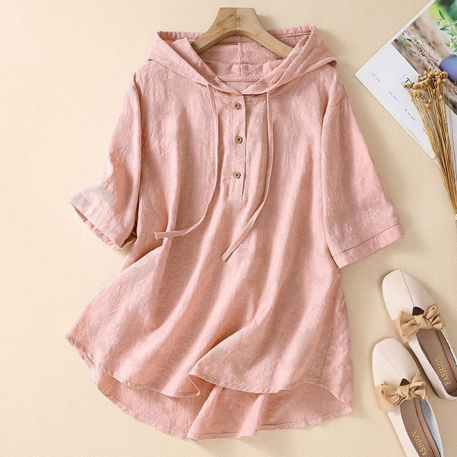 빅사이즈 통기성 여성 후드티 루즈핏 린넨 면 마 5부 반팔 블라우스