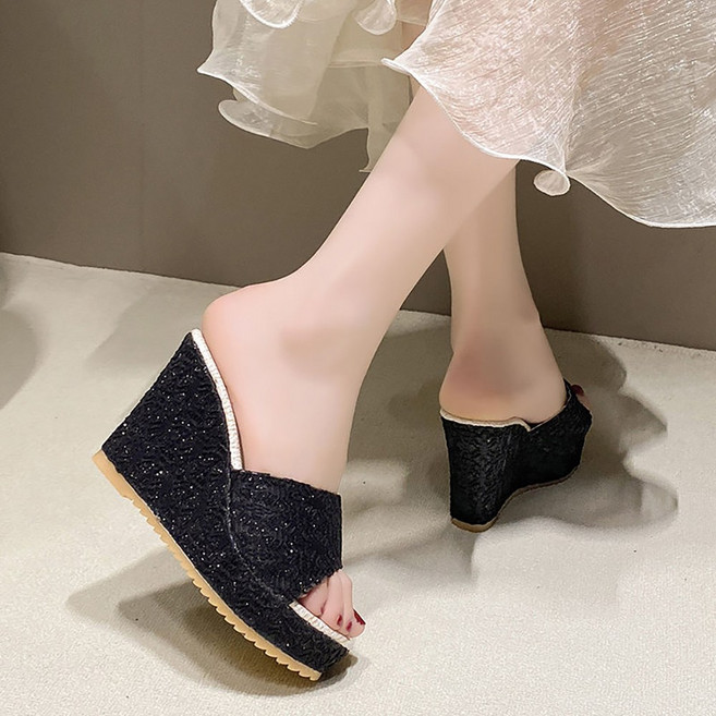 ROYALBELLE 여성 통굽 웨지 힐 슬리퍼 미끄럼방지 캐주얼 데일리 외출용 키높이 샌들 F0073006