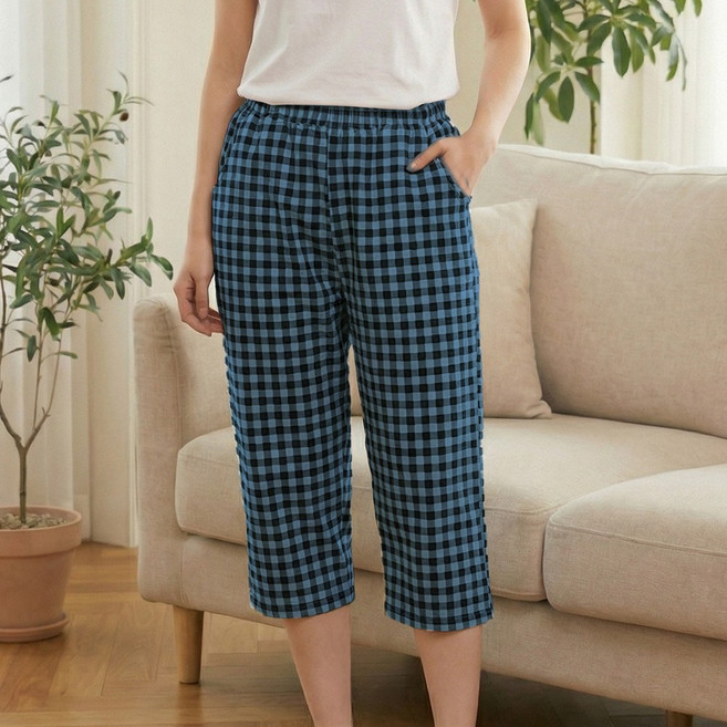 7부 기장 고슬고슬한 촉감 남성 여성 깅엄 체크 주머니 파자마 잠옷 바지 P-1017