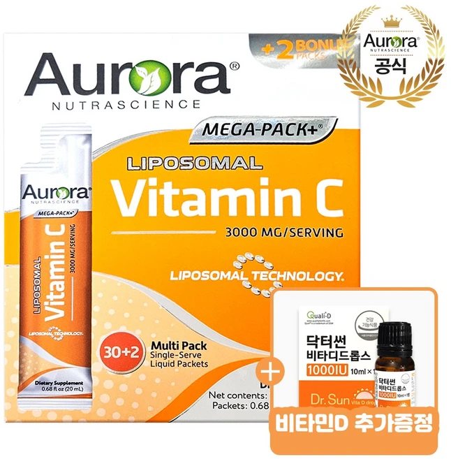오로라 리포좀 비타민C 3000mg 32포+닥터썬 비타디드롭스 비타민D 1000IU 10ml, 1세트 - 쿠팡